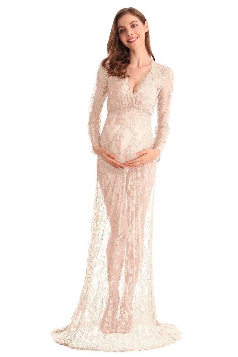 MYRISAM Boudoir Maternity Long Sleeve Lace Dress Women Deep V-Neck Wedding Party Long Dress Milk Bath Photoshoot Gown Beige S - Image 2